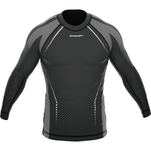 rash guard a maniche lunghe uomo SMMASH, CARBON nero-grigio-bianco con pixel neri, vista frontale